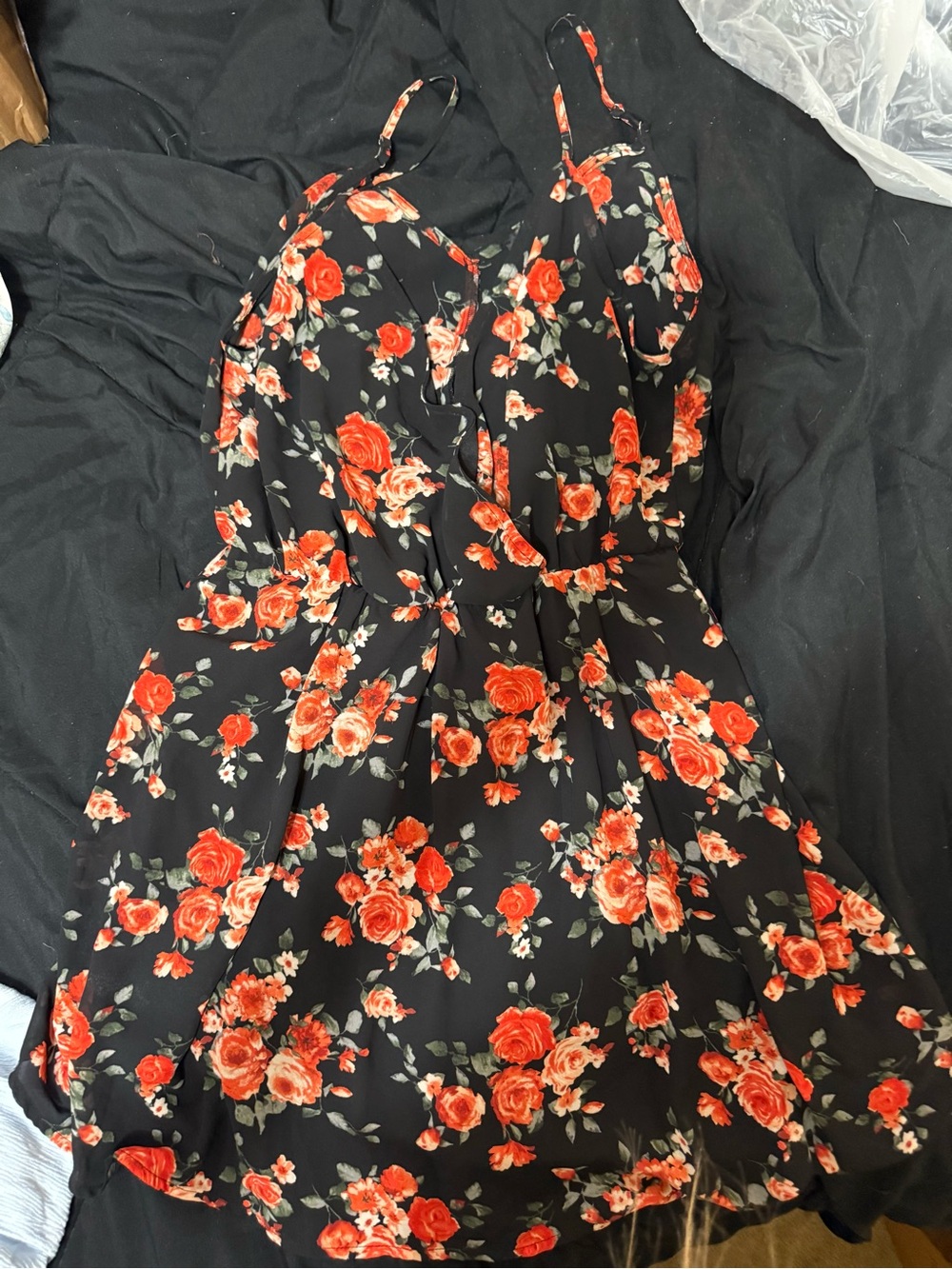 Forever 21 Black Mini Dress with Red Rose Print
